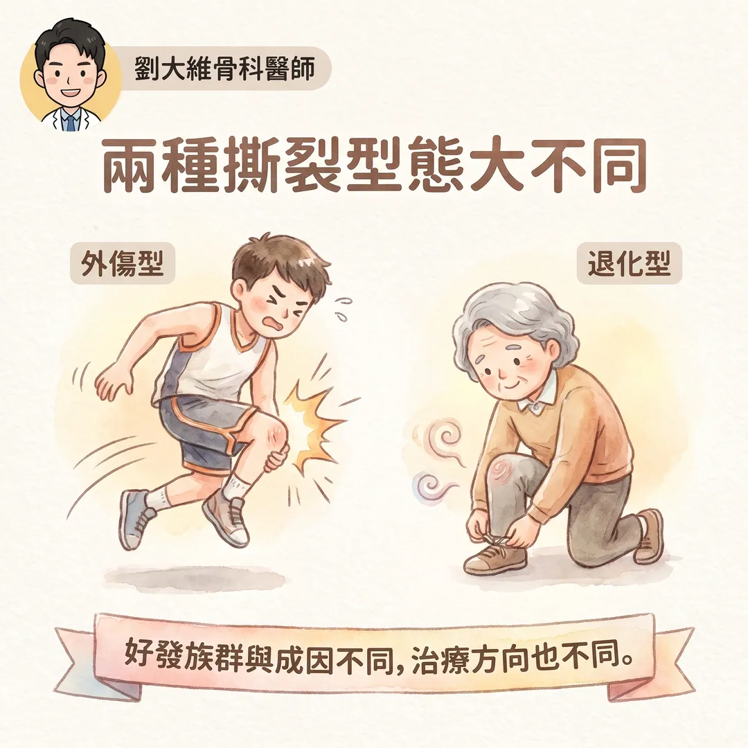 半月板損傷是不是一定要開刀？搞懂「外傷型」與「退化型」，治療選擇大不同 衛教圖 2